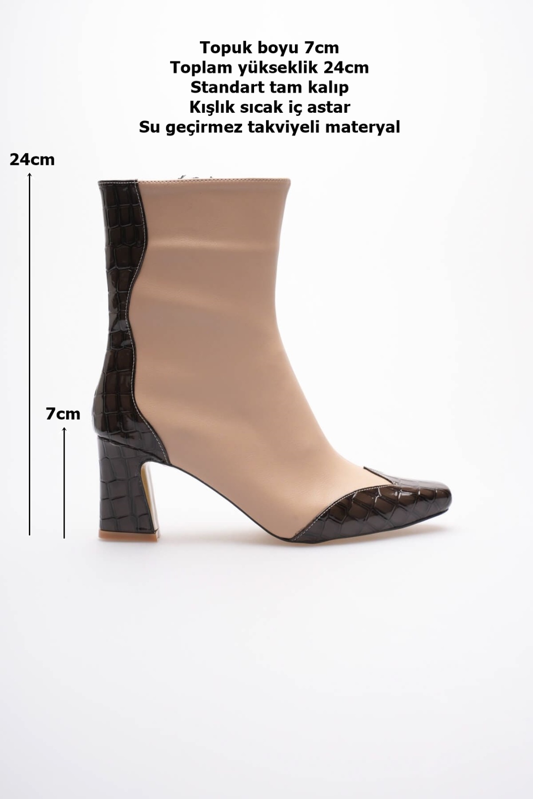 Loana Kadın Bej Kroko Desenli Kalın Topuklu Kışlık Bot