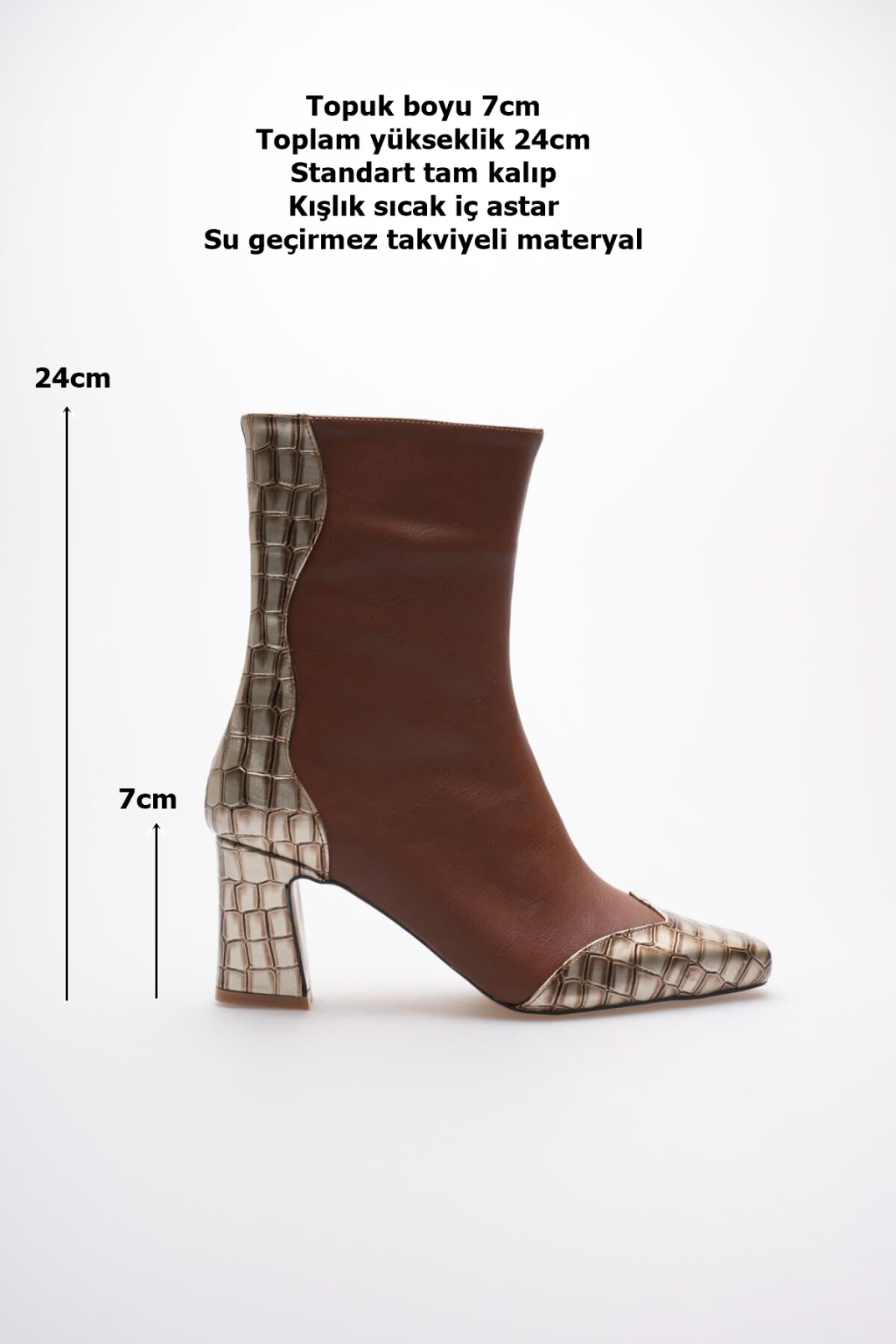 Loana Kadın Taba Kroko Desenli Kalın Topuklu Kışlık Bot