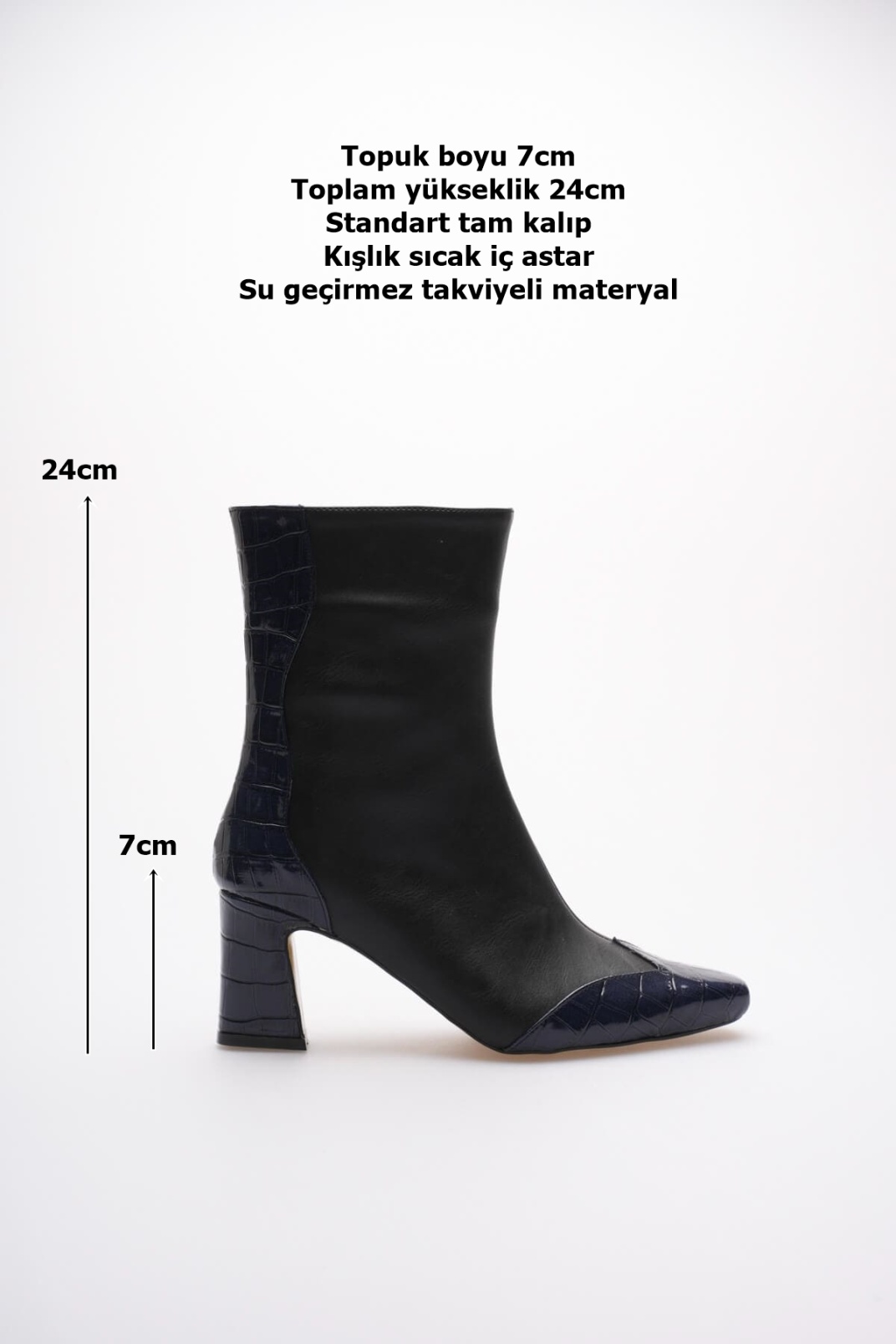 Loana Kadın Lacivert Kroko Desenli Kalın Topuklu Kışlık Bot