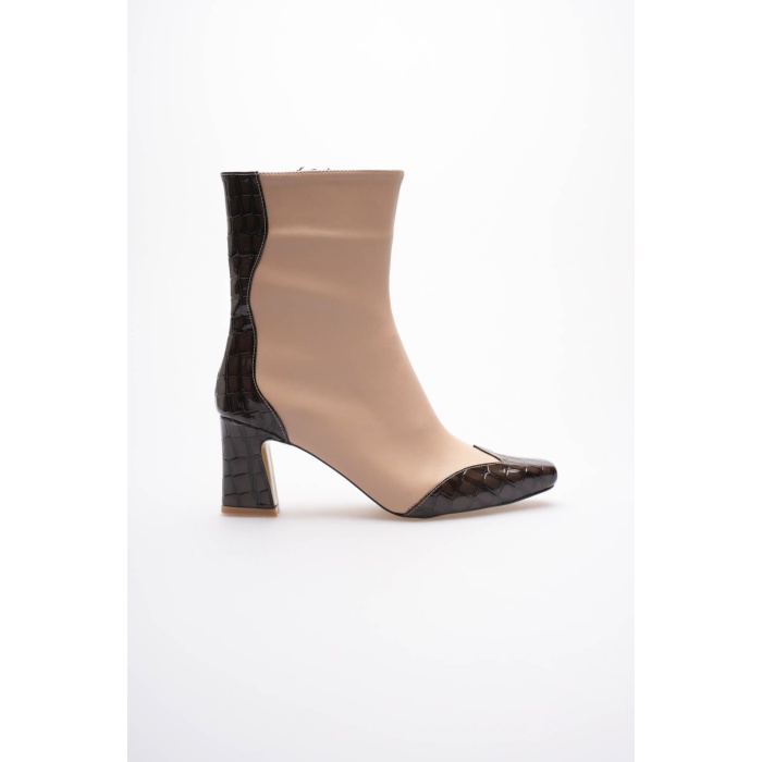 Loana Kadın Bej Kroko Desenli Kalın Topuklu Kışlık Bot