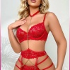 Kırmızı Göğüs Balenli Dantelli Zincir Detaylı Seksi Jartiyer Takım