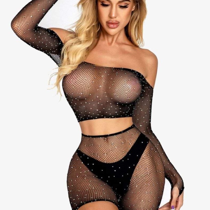 2 Parça Taşlı Omuzları Açık Crop- Şort Vücut Çorabı