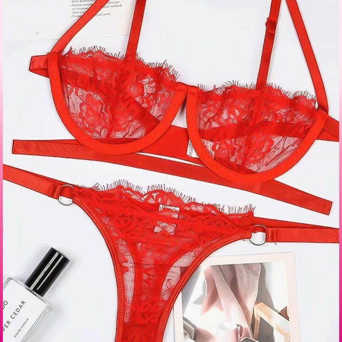 Kadın Kırmızı Dantelli Balenli  Sütyen Külot Takım
