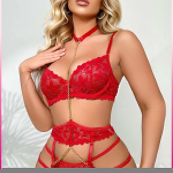 Kırmızı Göğüs Balenli Dantelli Zincir Detaylı Seksi Jartiyer Takım
