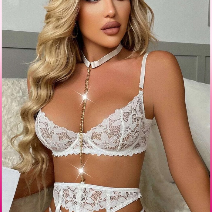 Ekru Göğüs Balenli Dantelli Zincir Detaylı Seksi Jartiyer Takım