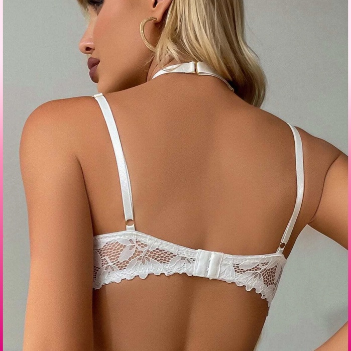 Ekru Göğüs Balenli Dantelli Zincir Detaylı Seksi Jartiyer Takım