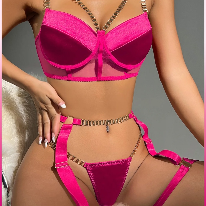 Fuşya Merdiven Zincirli Göğüs Balenli Kadın Seksi Jartiyer Takım