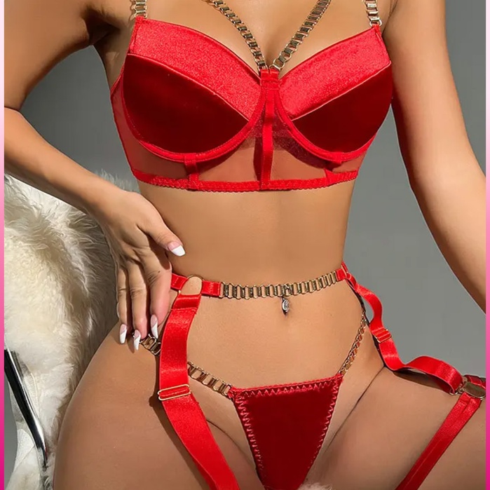 Kırmızı Merdiven Zincirli Göğüs Balenli Kadın Seksi Jartiyer Takım