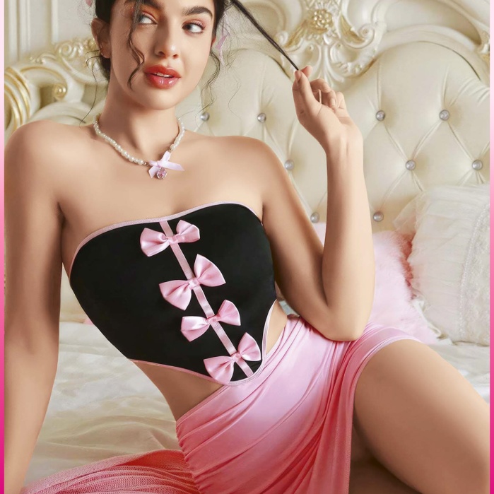 Kadın Pembe Fiyonklu Etekli Seksi Kostüm