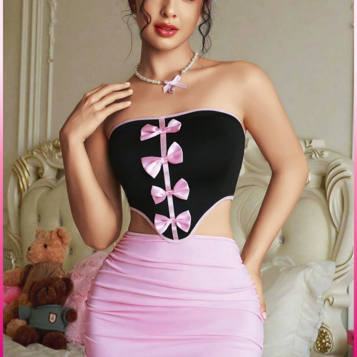 Kadın Pembe Fiyonklu Etekli Seksi Kostüm