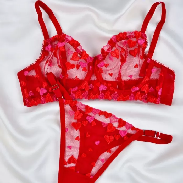 Kadın  Kalpli Kırmızı Dantelli Balenli  Sütyen Külot Takım