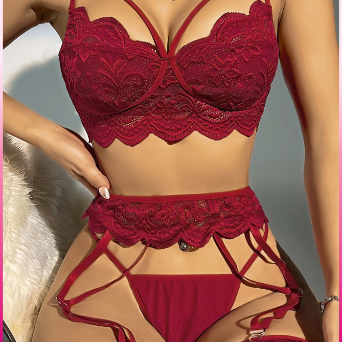 Kadın Bordo Dantel Detaylı Jartiyer Takım