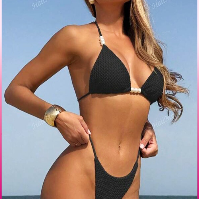 Kadın Siyah Askılı İncili Mayo takımı