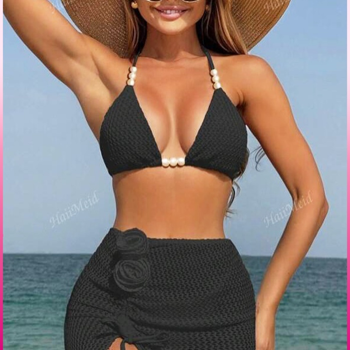 Kadın Siyah Askılı İncili Mayo takımı