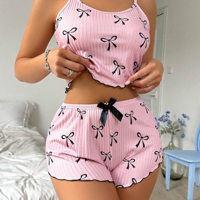 Kadın Siyah  Fiyonklu Şortlu Takım Mini Pembe Rahat