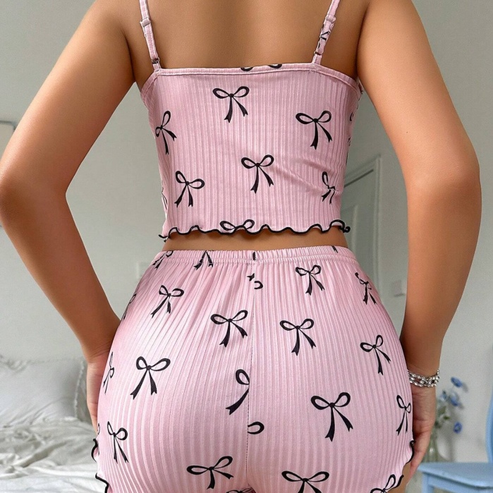 Kadın Siyah  Fiyonklu Şortlu Takım Mini Pembe Rahat