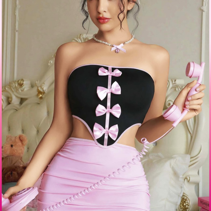 Kadın Pembe Fiyonklu Etekli Seksi Kostüm