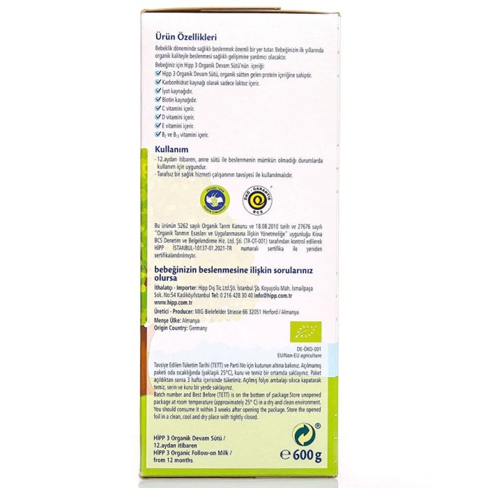 Hipp 3 Organik Çocuk Devam Sütü 600 gr 1+ Yaş