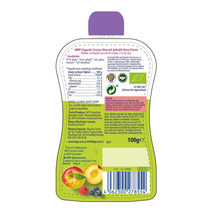 Hipp Organik Orman Meyveli Şeftalili Elmalı Meyve Püresi 100 gr