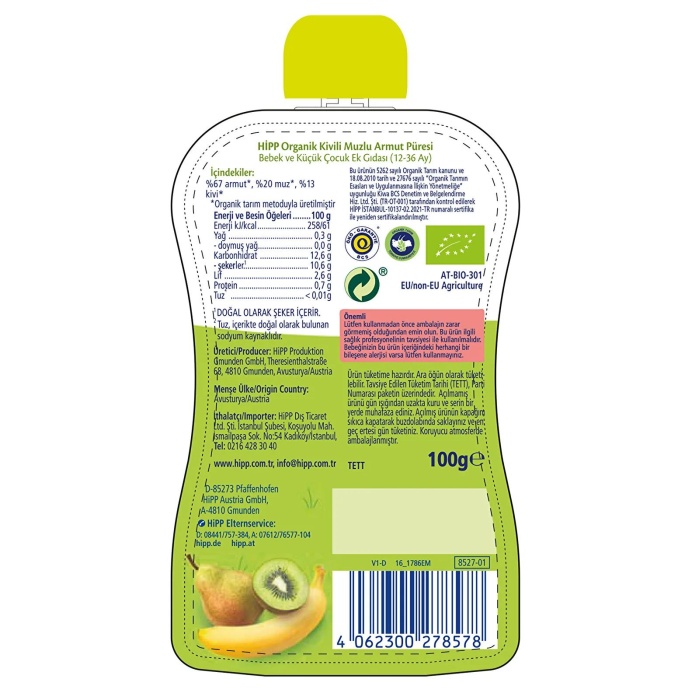 Hipp Organik Kivili Muzlu Armutlu Meyve Püresi 100 gr