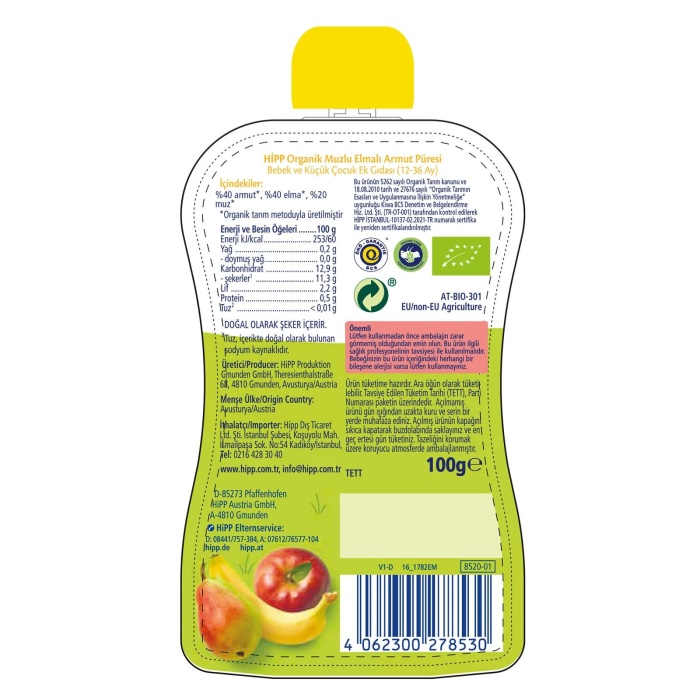 Hipp Organik Muzlu Elmalı Armutlu Meyve Püresi 100 gr