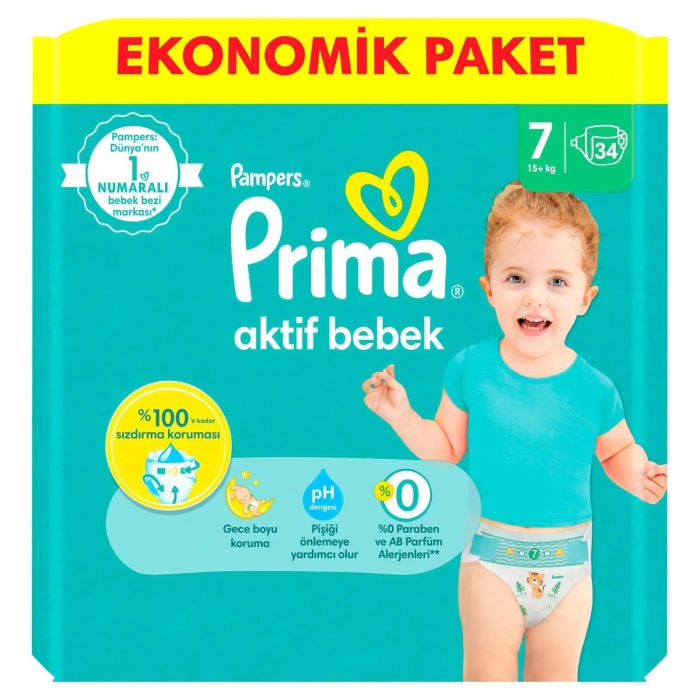 Prima Bebek Bezi Aktif Bebek Ekonomik Paket 7 Numara 34 Adet