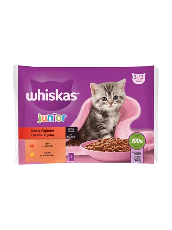 Whiskas Pouch Soslu Sığır Etli ve Tavuklu 85 gr 4’lü Paket Yavru Yaş Kedi Maması