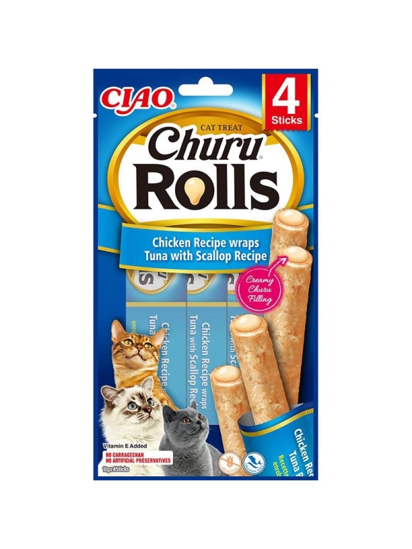 Inaba Ciao Churu Rolls Tavuk Sargılı Ton Balıklı ve Deniz Taraklı 4x10 gr Kedi Ödül Maması