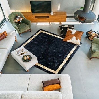 Barrio Rico %100 Doğal Dana Derisi Kaymaz Taban Premium Patchwork Halı - Siyah Gold