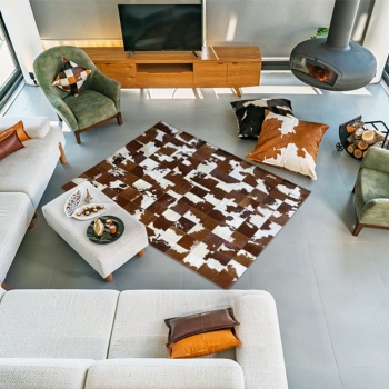 Barrio Rico %100 Doğal Dana Derisi Kaymaz Taban Premium Patchwork Halı - Kahverengi - Beyaz