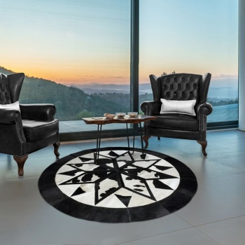 Barrio Rico %100 Doğal Dana Derisi Kaymaz Taban Premium Yuvarlak Patchwork Halı - Siyah Beyaz