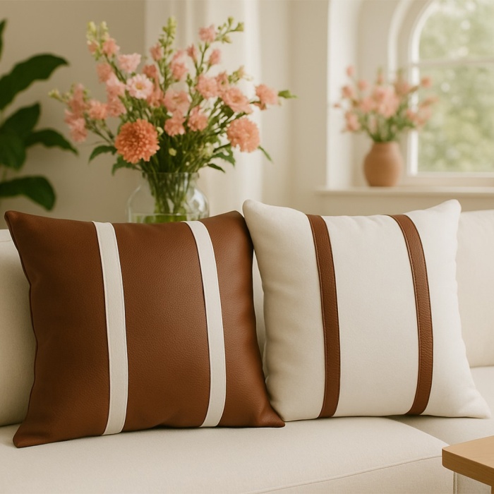 Barrio Rico Premium Çift Taraflı Taba Beyaz Deri Kırlent Kılıfı/ev ve Ofis Için 45X45CM Kırlent Kılıfı