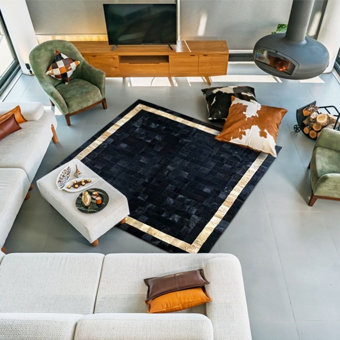 Barrio Rico %100 Doğal Dana Derisi Kaymaz Taban Premium Patchwork Halı - Siyah Gold