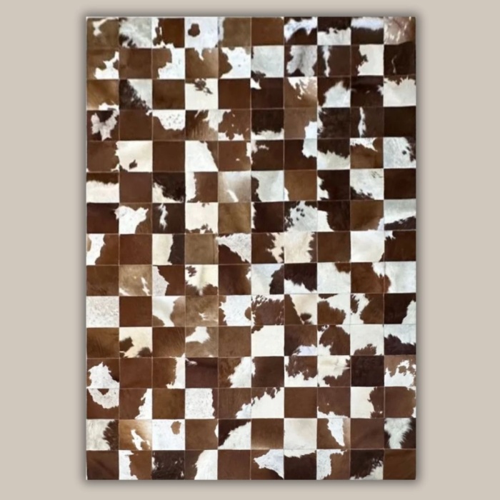 Barrio Rico %100 Doğal Dana Derisi Kaymaz Taban Premium Patchwork Halı - Kahverengi - Beyaz