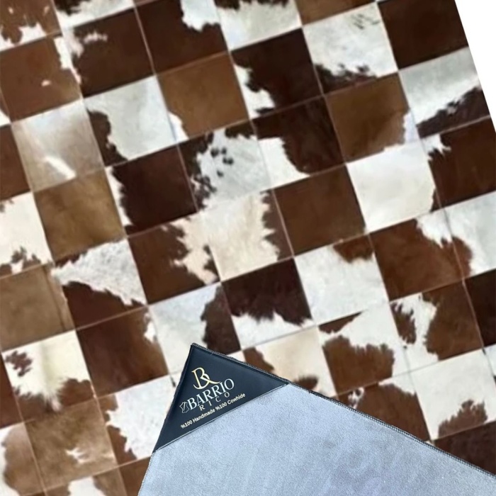 Barrio Rico %100 Doğal Dana Derisi Kaymaz Taban Premium Patchwork Halı - Kahverengi - Beyaz