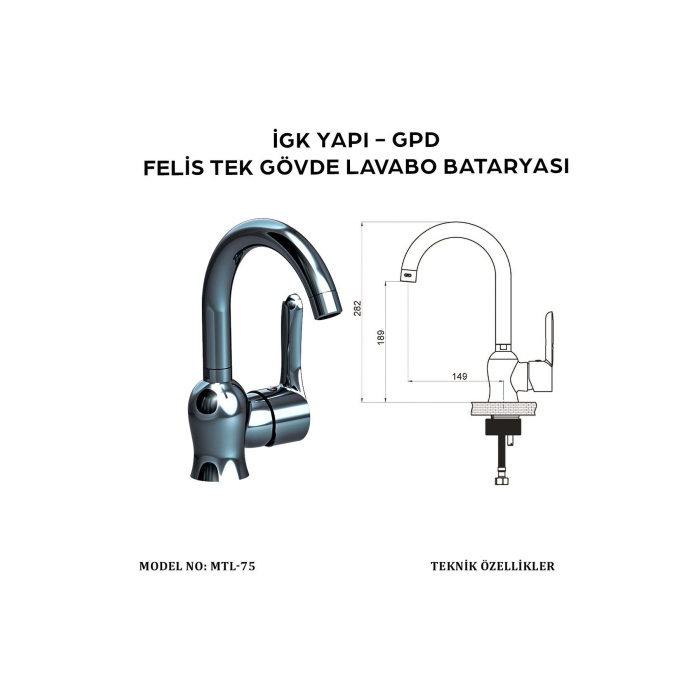 GPD Mtl75 Felis Tek Gövde Lavabo Bataryası