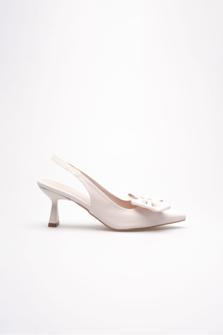 Bej Fiyonklu Kitten Topuklu Slingback Kadın Ayakkabı TR08MS24B