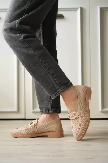 Bej Kadın Loafer Metal Tokalı Rahat Günlük Ayakkabı TR30MS02B