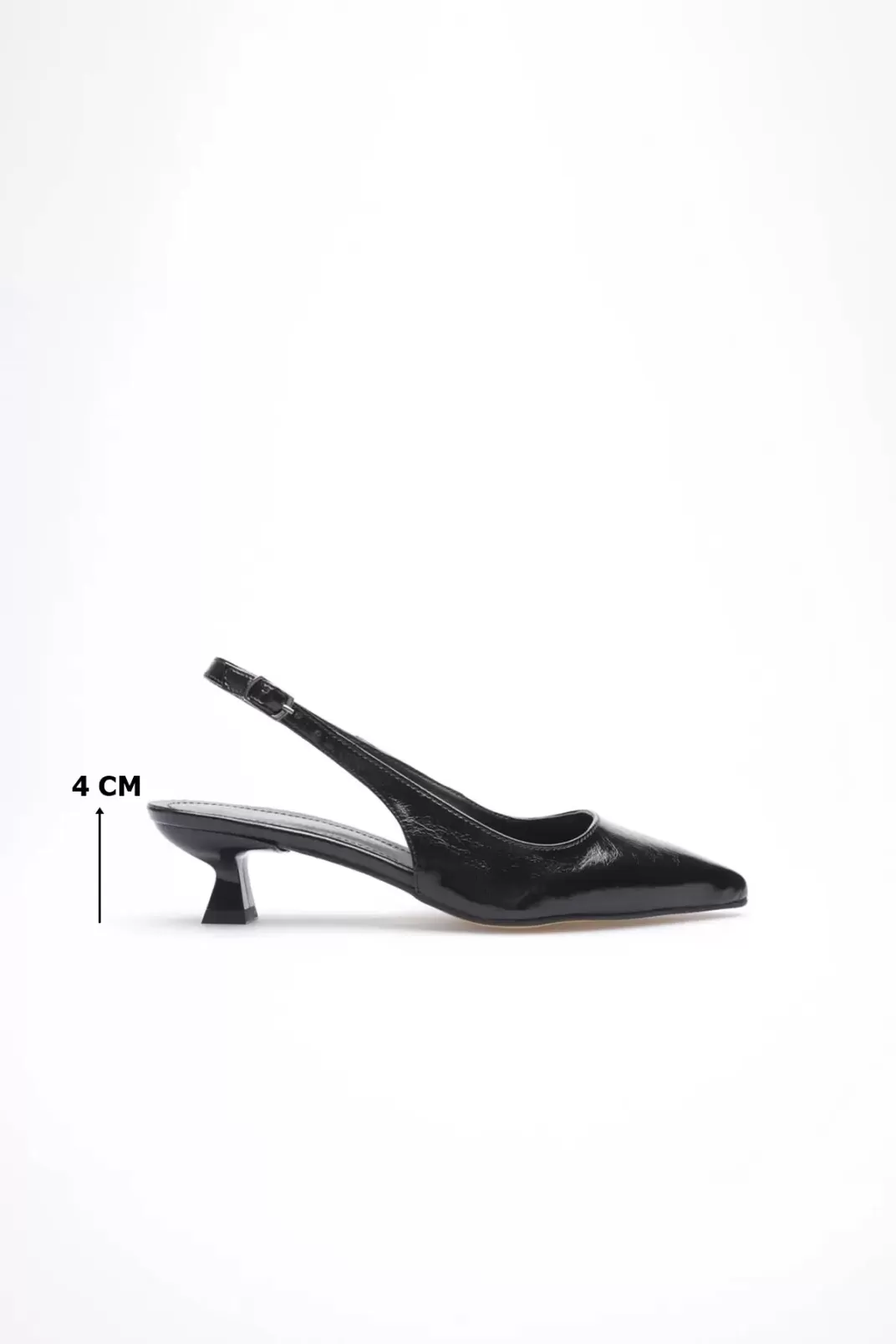 Kadın Siyah Kırışık Rugan Sivri Burun Slingback Kısa Topuklu Ayakkabı TR20MS04C