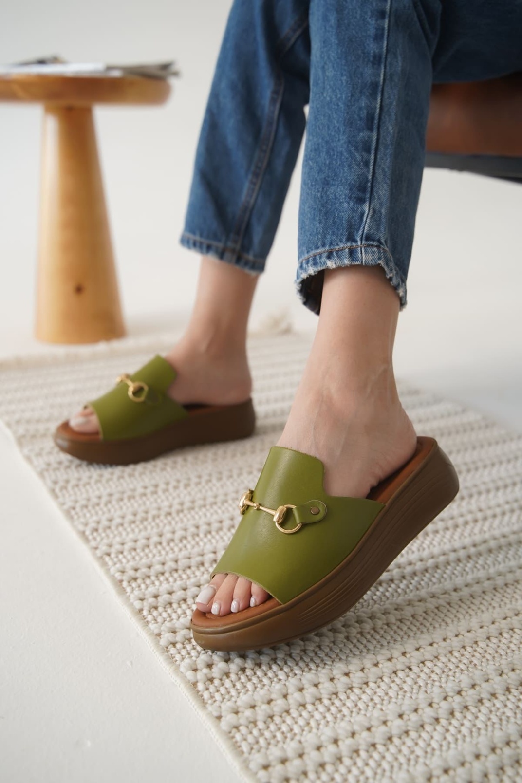 Haki Yeşili Hakiki Deri Terlik TR31MY62G