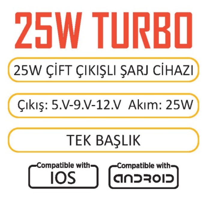 Techson T15-UC25 25W PD USB Ultra Turbo Fast Hızlı Qualcomm Quick Charge 3.0 Şarj Başlık Kafa