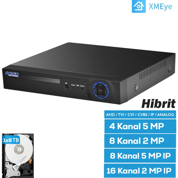 Avenir AV-TC08GM 8 Kanal 5MP 5IN1 XMeye H.265 Full HD 1080P Hibrit DVR Kayıt Cihazı