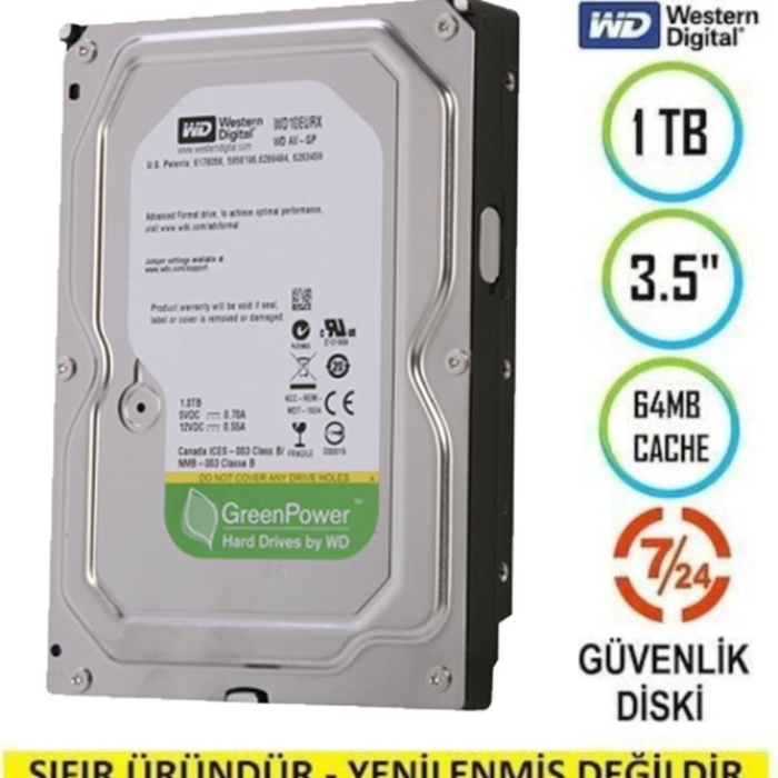1TB WD WD10EURX 7/24 5400RPM 3.5 SATA 3 6Gbit/s 64MB Güvenlik Kamerası Diski