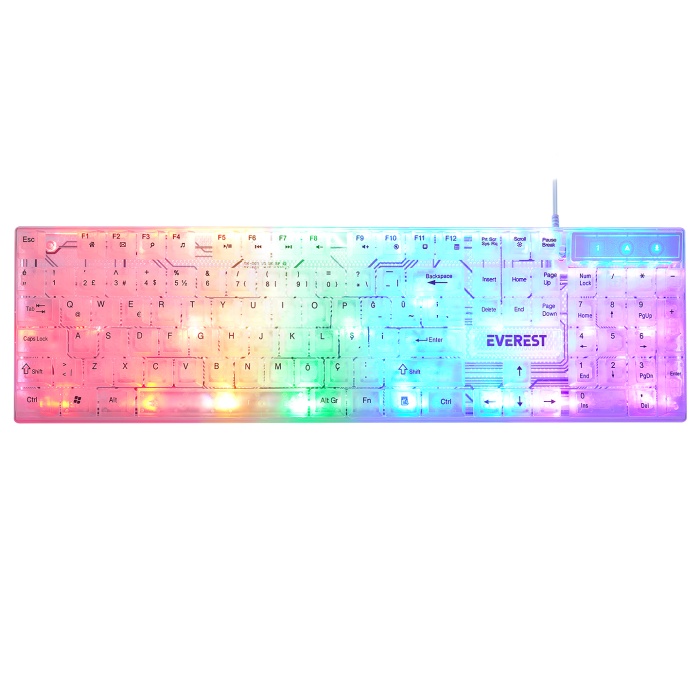 Everest KB-24 Beyaz Rainbow Membrane RGB Işıklı Oyuncu Klavyesi Türkçe Q