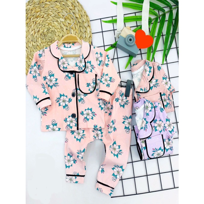 Çiçek Baskılı Düğme Kapamalı 2li Kız Erkek Bebek Pijama Takımı
