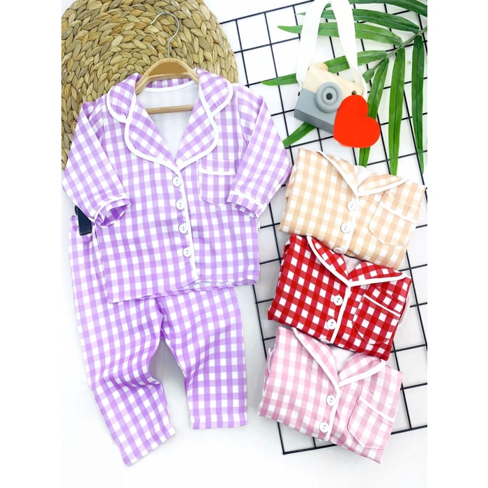 Kare Baskılı Düğme Kapamalı 2li Kız Erkek Bebek Pijama Takımı