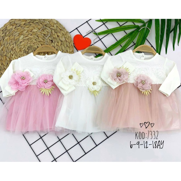 Brode Çiçek Desenli Bandanalı Astarlı Kız Bebek Elbisesi