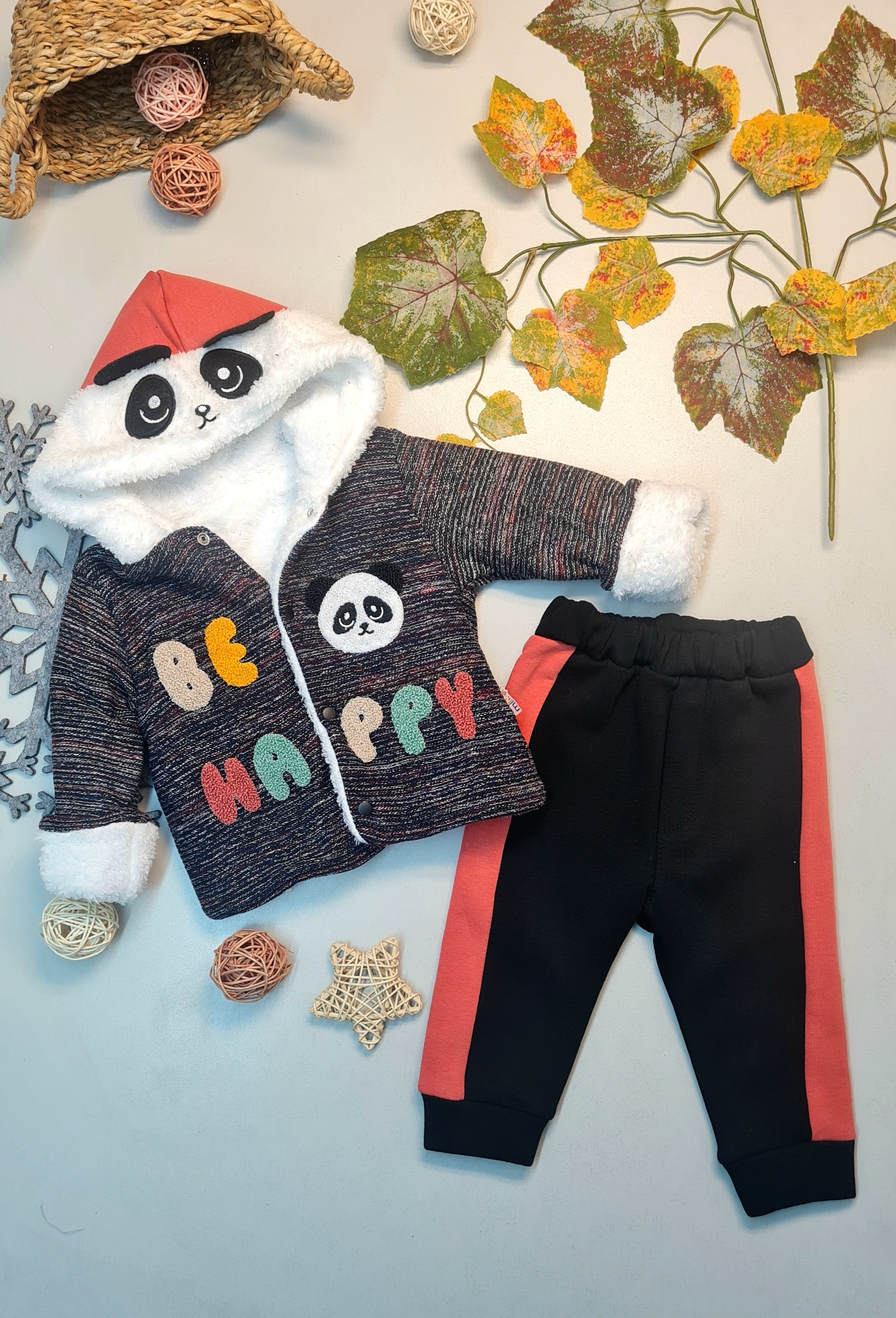 Erkek Bebek Panda Nakışlı Siyah Takım