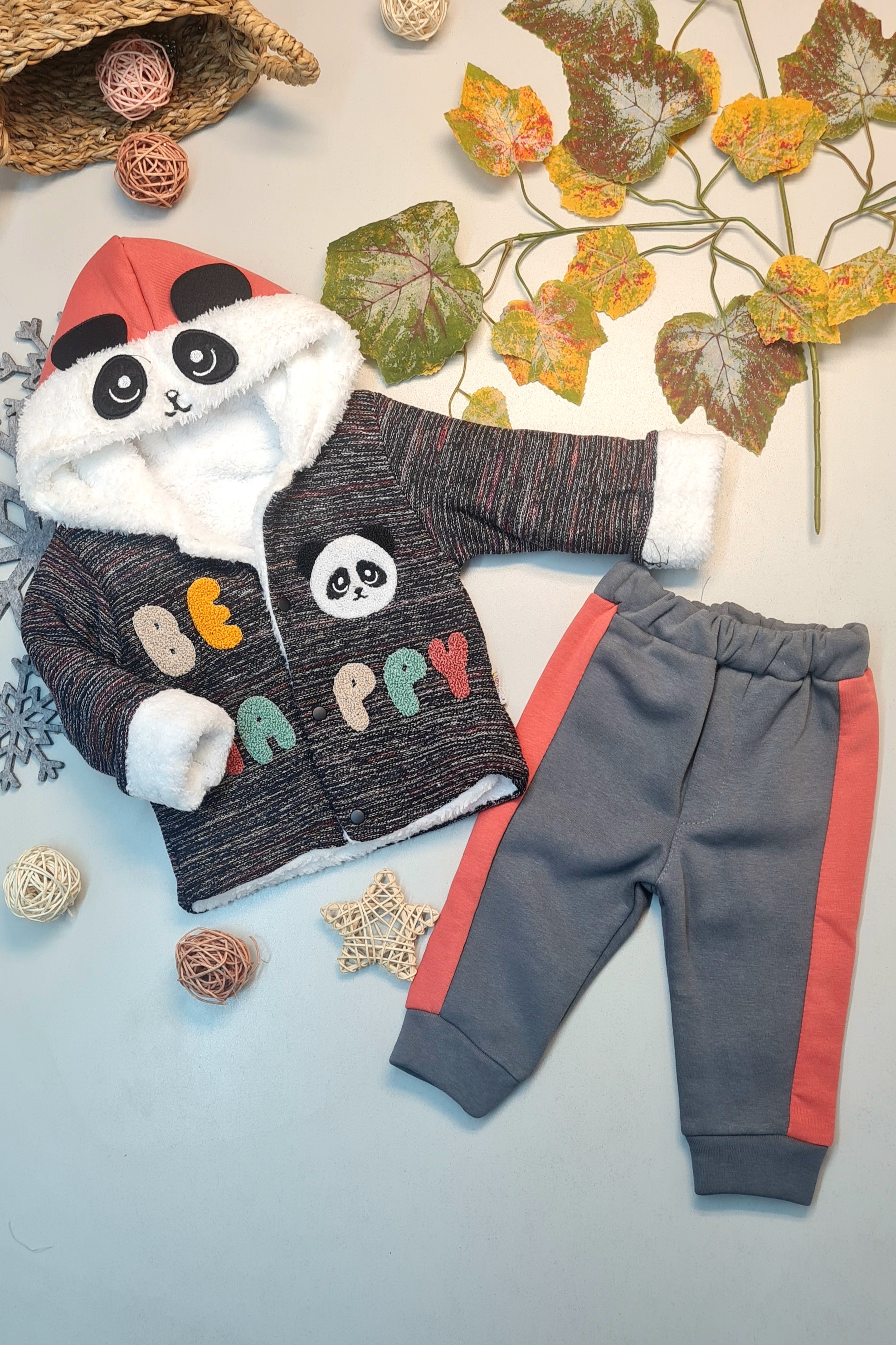 Erkek Bebek Panda Nakışlı Gri Takım