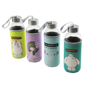 Cam Şişe  Matara Suluk  Resimli Bez Kılıflı - Taşıma İpli   420ml   Krom Kaplama Pls.kapak (4915) Go-53-vice/(1395)